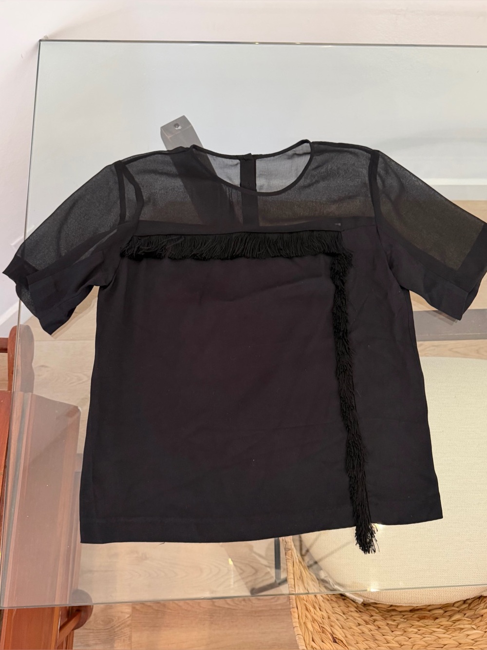 Sandro Paris Black Fringe Sheer Yoke Short Sleeve Blouse Size 2 - Picture 1 of 12